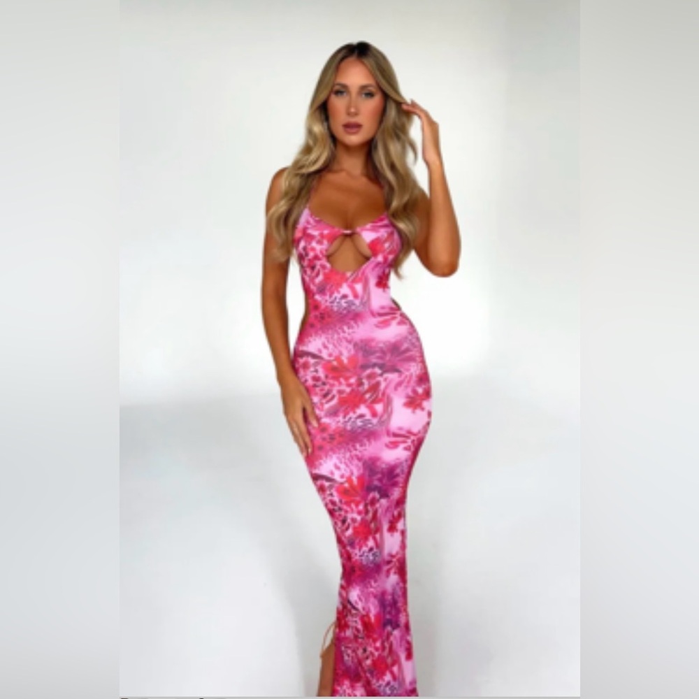 Pink Floral Midi Dress with Cutout Detail